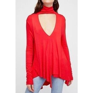 Free People Uptown Oversized Turtleneck Cascade Hem Brilliant Red Tunic Top XS